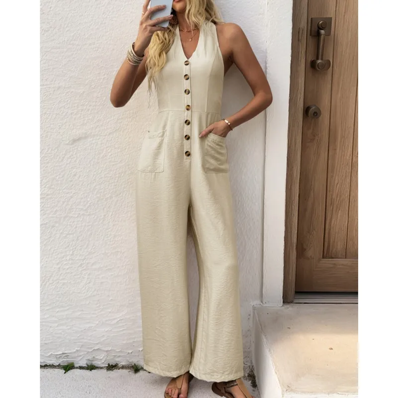 여름용 여성용 점프 슈트 솔리드 컬러 민소매 V 넥 오버올 여성용 레이스 업 백리스 원피스 와이드 레그 팬츠 패션 세트