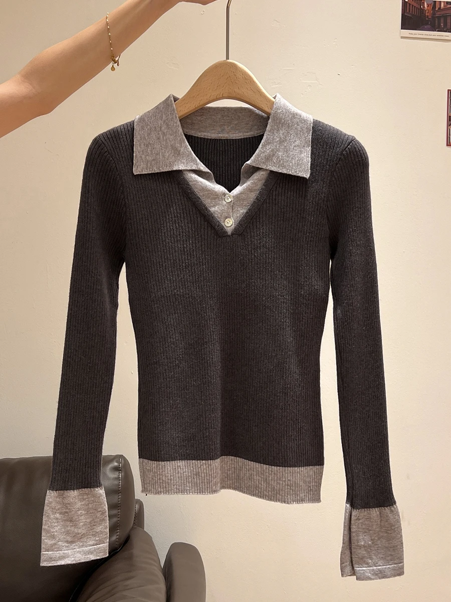 Pull tricoté femmes pulls nouveau à manches longues col rabattu Patchwork tricot pull haut pour femme femmes vêtements Q1357