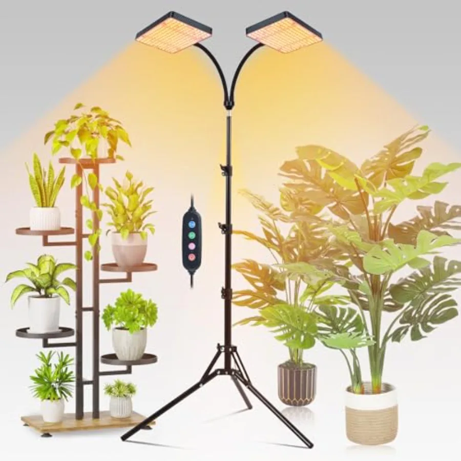 

50 Watt Bright 2-Head Grow Light with Stand for Indoor Plants Full Spectrum LED Grow Light in Black 4/8/12/16/20 Hr Timer Suita