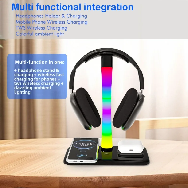

Беспроводная зарядная станция 3-в-1 с RGB-подсветкой для быстрой зарядки телефона, наушников и часов, подставка для наушников