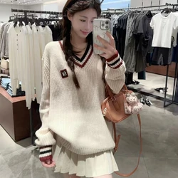 Women's Clothing Basic Casual Striped Loose Lazy Knitted Pullovers Autumn Winter Wool Thick Fashion V-neck Sweaters