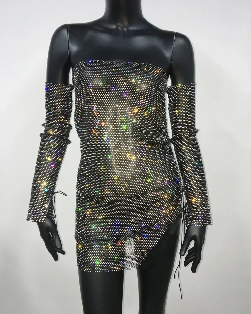 AKYZO Women's Sexy Fishnet Dress with Gloves Flash Drill Tube Top Mini Dresses for Women Beach Cover Up Nightclub Streetwear Bod image 4