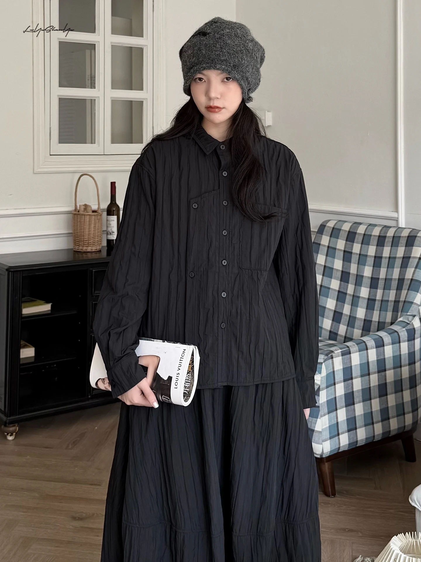 

Soft Mist Texture Long Sve Ladies irt Single Collar k Stripe Верхняя одежда Bla Fene Slim Fit Полиэстер A-Line Sve