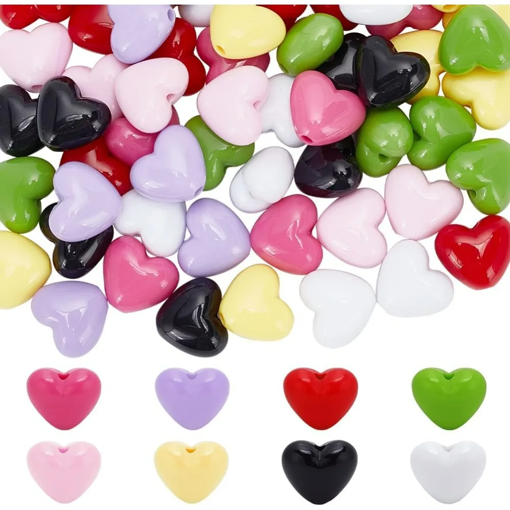 64pcs Heart Shape Acrylic Beads, 8 Colors Cute Loose Beads Colorful Heart Beads Opaque Craft Bead Heart Shape Spacer Bead