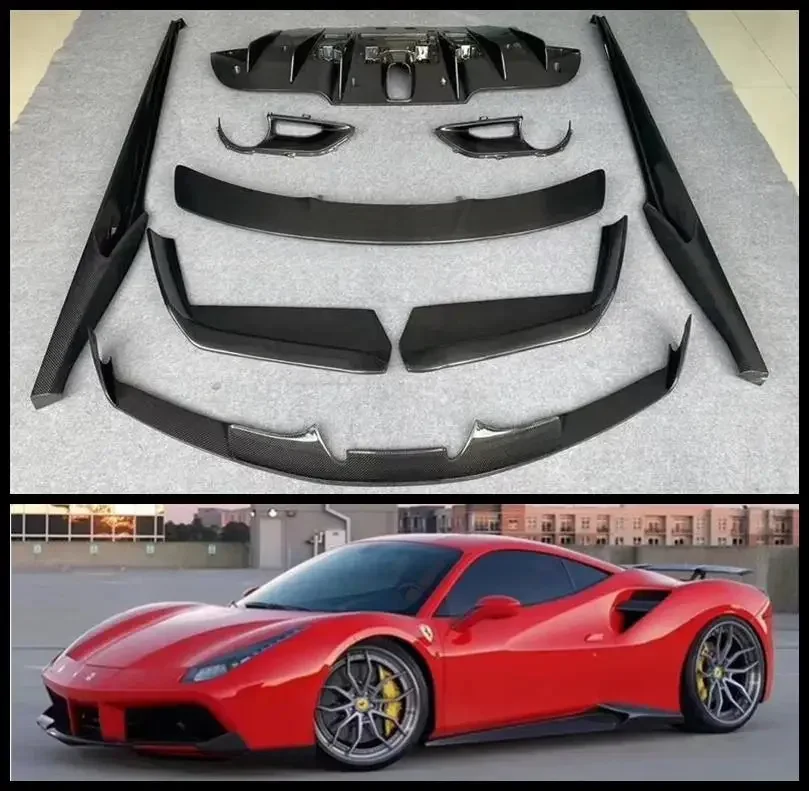 NOV Style Carbon Fiber Front Bumper Lip Rear Spoiler Trunk Diffuser Side Skirt Body Full Kit For Ferrari 488 2015-up