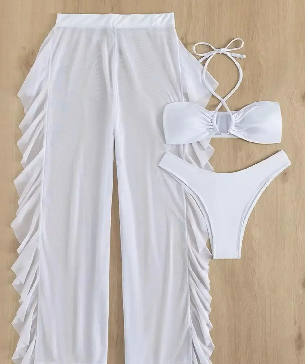 2024 New 3 Pieces Set Swimsuit Women White High Waist Swimwear Cover-Ups Halter Bikini Set With Ruffle Pants Female Bathing Suit