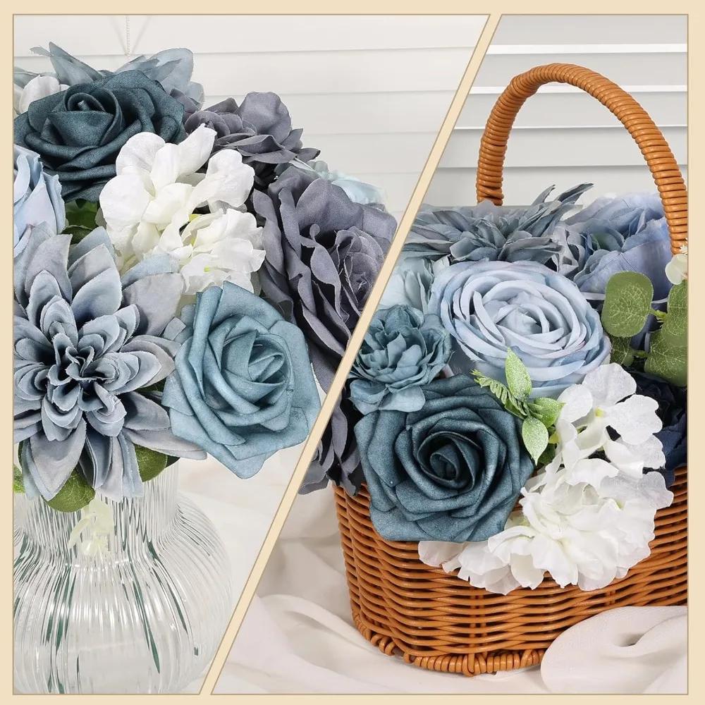 مجموعة صناديق كومبو من الزهور الاصطناعية باقة زهور زرقاء مغبرة لترتيبات قطع مركزية لحفلات الزفاف وحفلات الزفاف