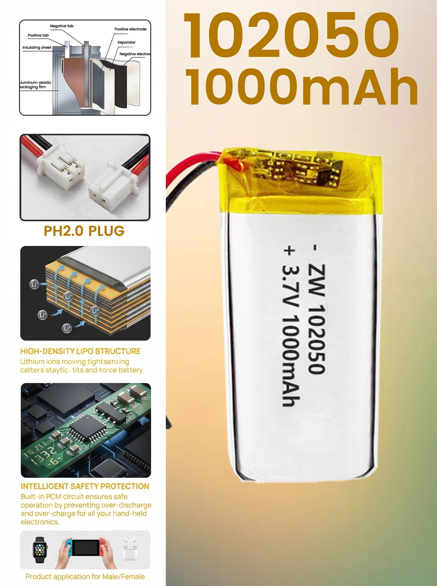 

102540 Polymer lithium battery 1100mAh beauty instrument VR glasses toy light rechargeable ternary lithium battery