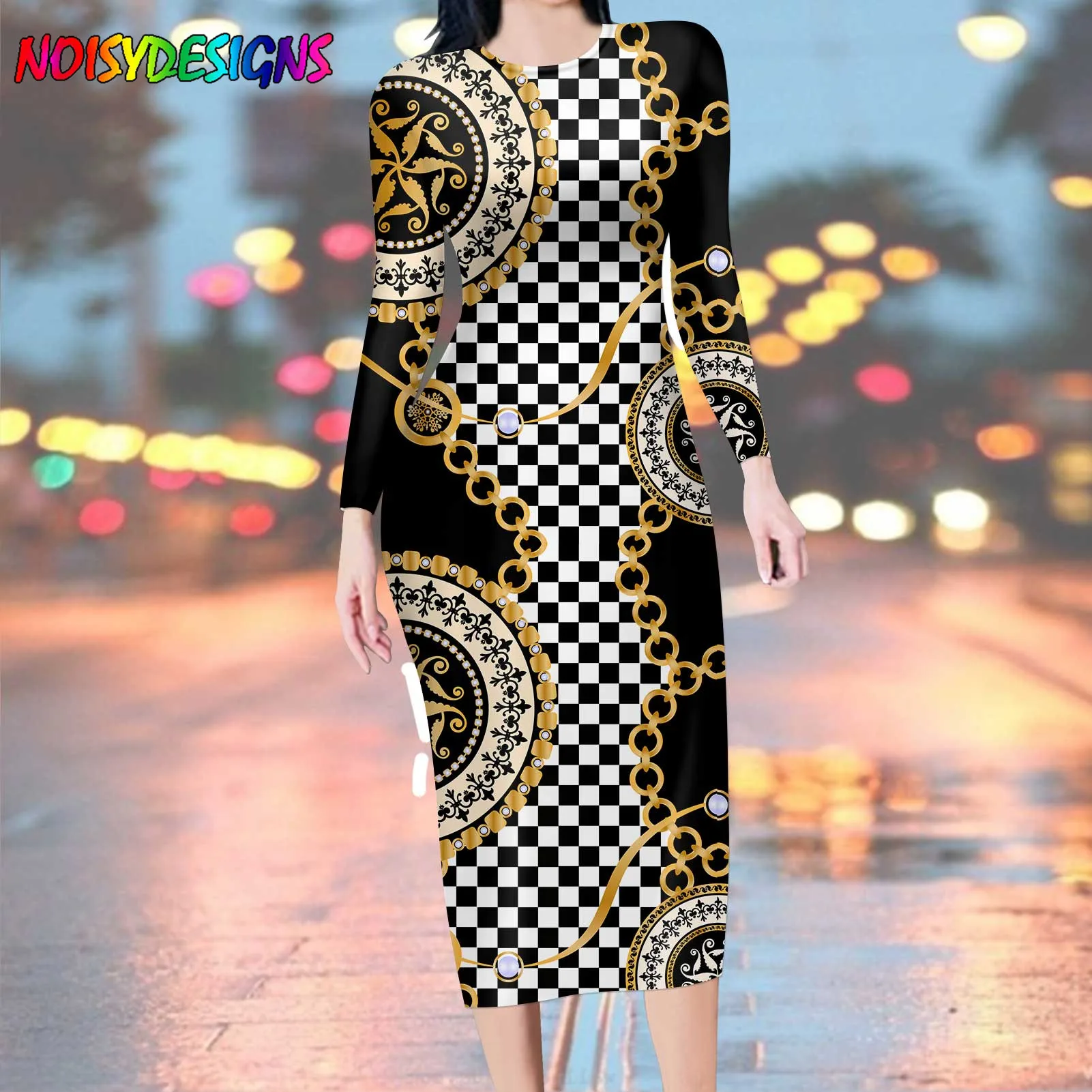 NOISYDESIGNS Elegan Soft Golden Vintage Luxury European Pattern Dress Spring Women Long Sleeve Dresses Club Party Vestidos