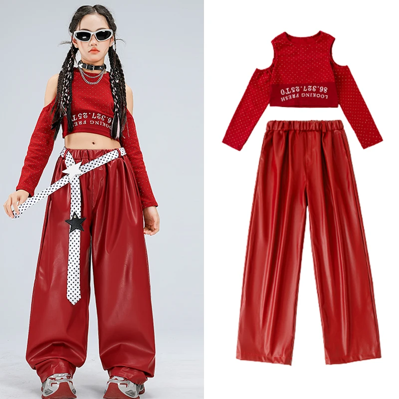 Crianças terno de dança de salão meninas jazz dança traje vermelho superior calças de couro crianças hip hop roupas grupo k-pop outfit xs10720