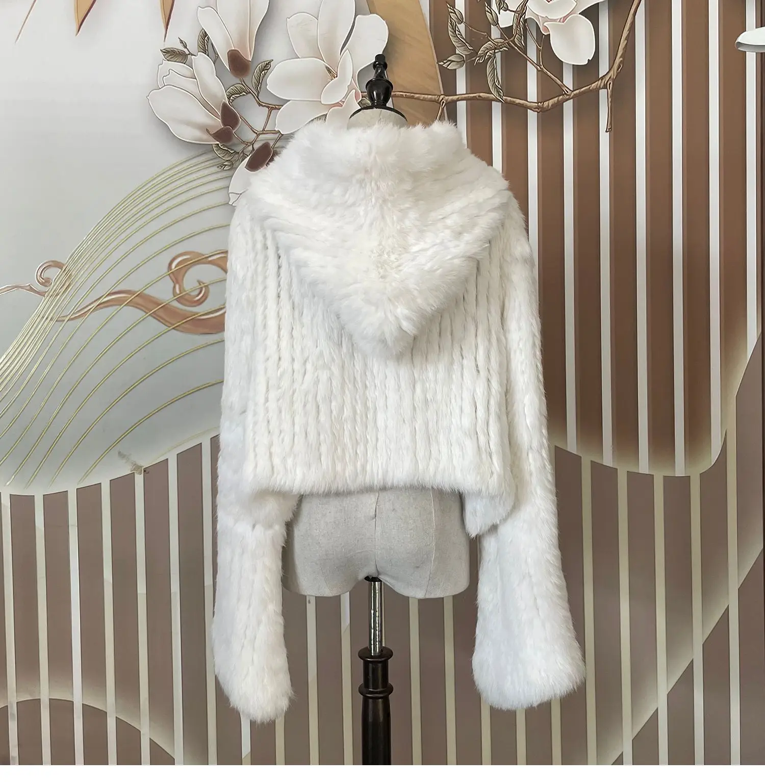 Long Sleeve Casual Loose Knitted Real Rabbit Fur Hooded Coat Women Genuine Natural Rabbit Fur Outwear Female Fur Jacket