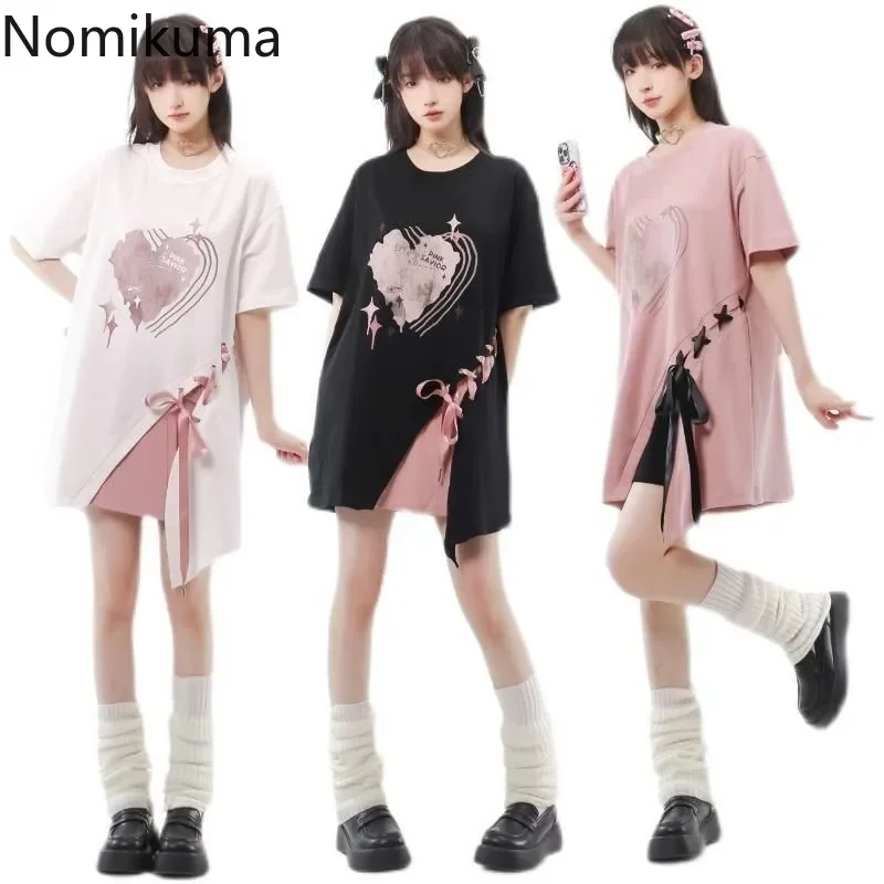 Japanese Woman Tshirts 2023 Ropa Mujer Patchwork Print Bandage Y2k T Shirts Fashion Summer Tees Oversized Tops Sweet T-shirts