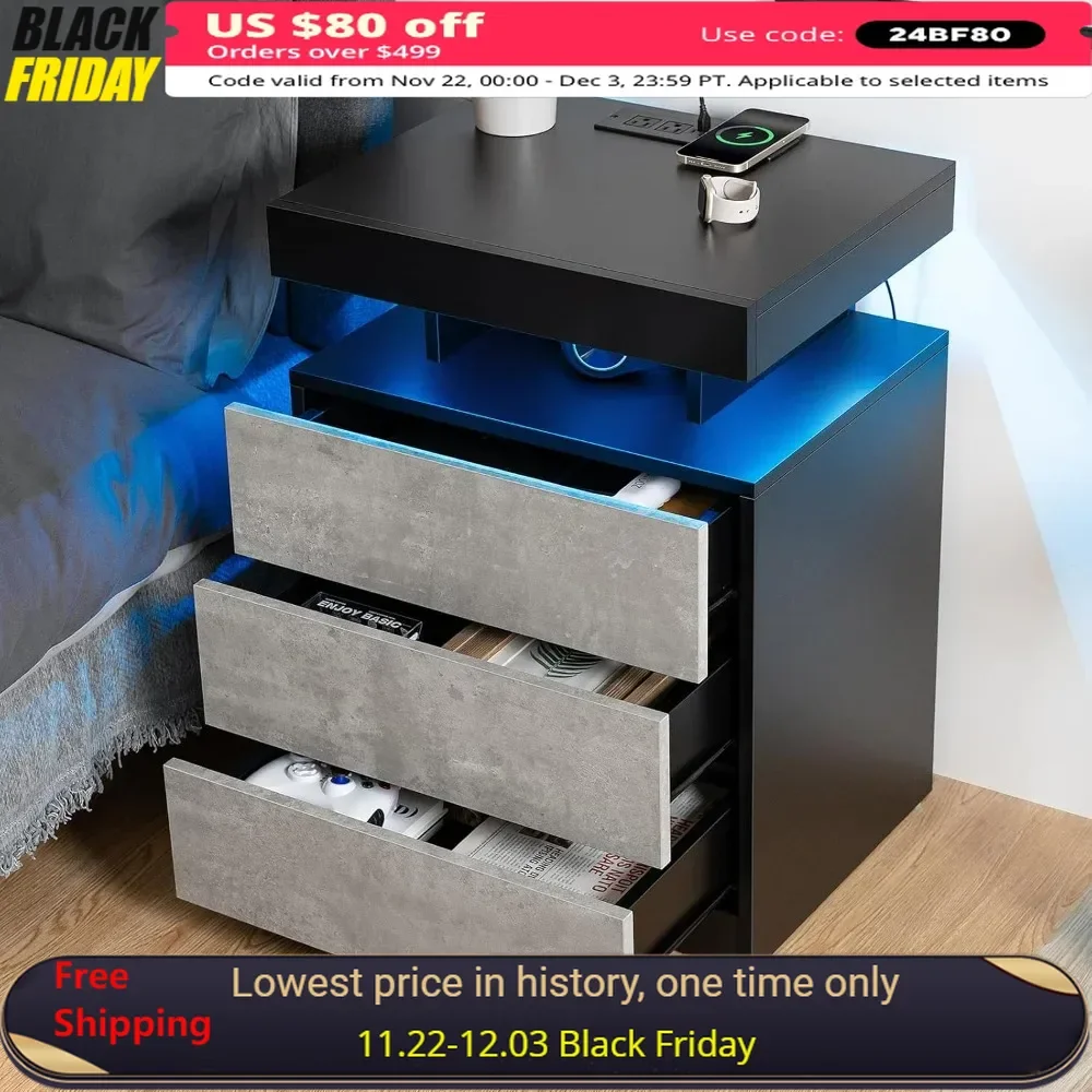 

LED Nightstand with Wireless Charging Station & USB Ports 3 Drawer Night Stand Adjustable Brightness Smart Nightstand