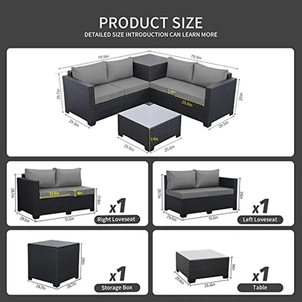 Outdoor PE Wicker Patio Furniture Set 4 Piece Sectional Loveseat Couch with Storage Box Glass Top All-Weather Rattan Comfortable