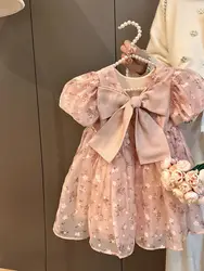 Girls Puff Sleeve Princess Dress Children Summer 2024 New Sweet Lovely Floral Print Bow O-neck Light Soft Comfort Kids Clothes