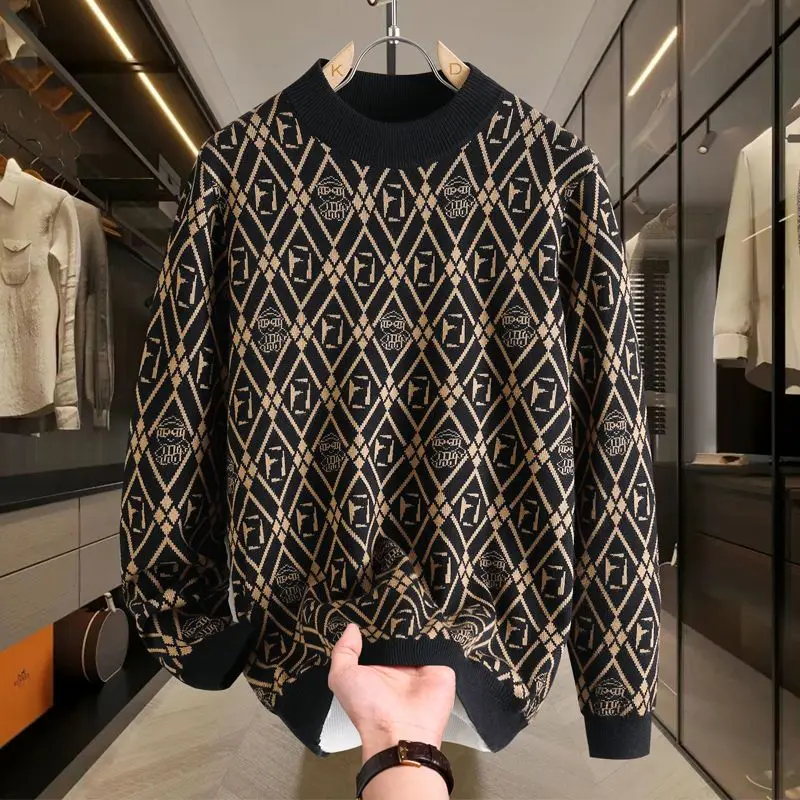 

Мужской зимний утепленный круглый вязаный свитер, модный теплый базовый слой, пушистый, высококачественный полиэстер, длинный рукав