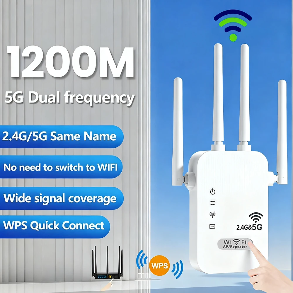 

Dual-Band 2.4G 5G WiFi Repeater Signal Booster WiFi Extender 802.11bgn Gigabit Router with WPS EU/US Plug Type WiFi Amplifier