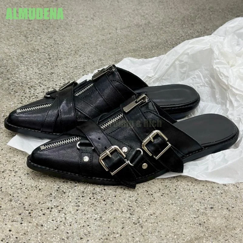 Point Toe Metal Zipper Decor Mule Slides Smooth Leather Slip On Backless Minimal Commute Outdoor Casual Trendy Flat shoes