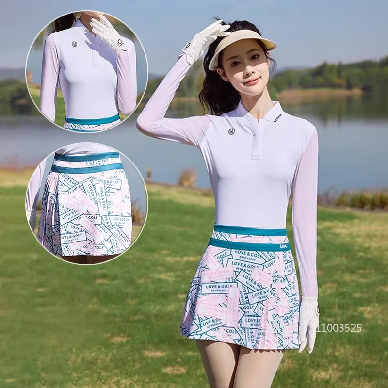 

SG Lady Korean Elastic Golf Shirt Slim Long Sleeve Quick-Dry Tops Women Print A-line Golf Skirt Pleated High Waist Sport Skort