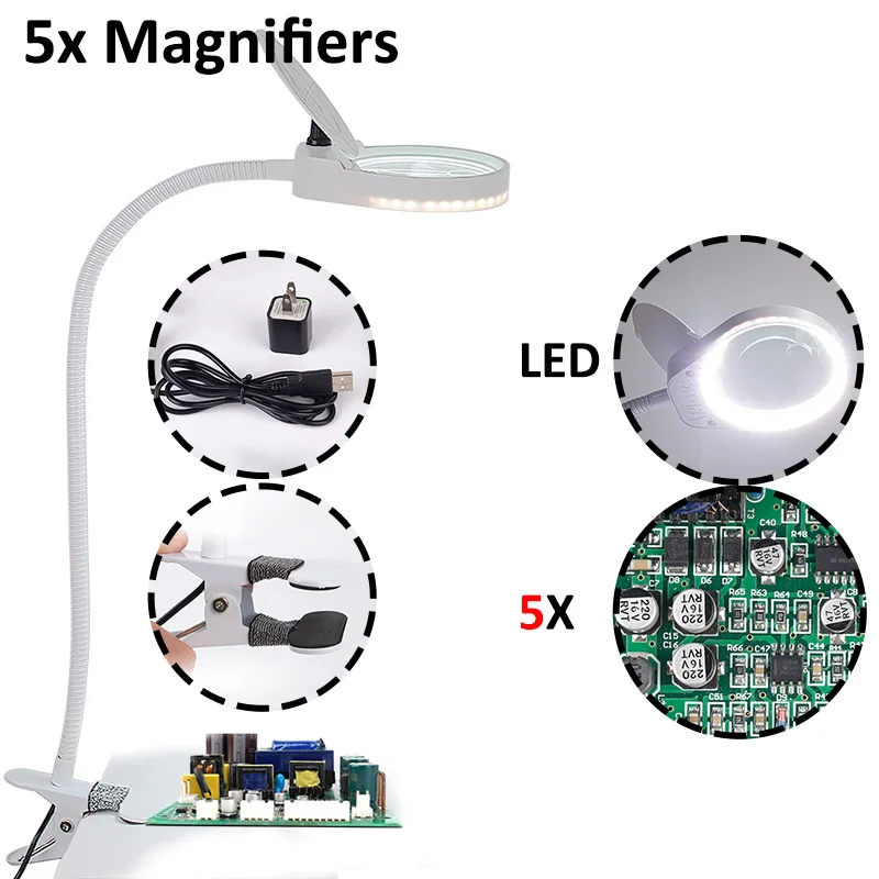 5X 3X10X LED Magnifier Desk Light Clip-on Table Top Desk Reading Lens USB Illuminated Magnifying Glass