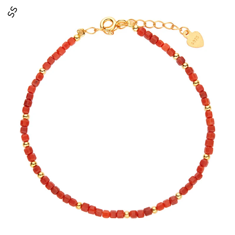 

Natural Colorful Gemstones Red Agate S925 Silver Bracelet Chain Female Quality Fashion Beads Necklace Garment Charms Accessories