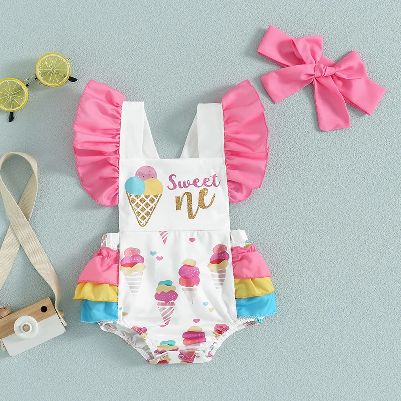 Infant Baby Girls Romper Flying Sleeve Square Neck Ice Cream Print Bodysuit with Bow Headband Set