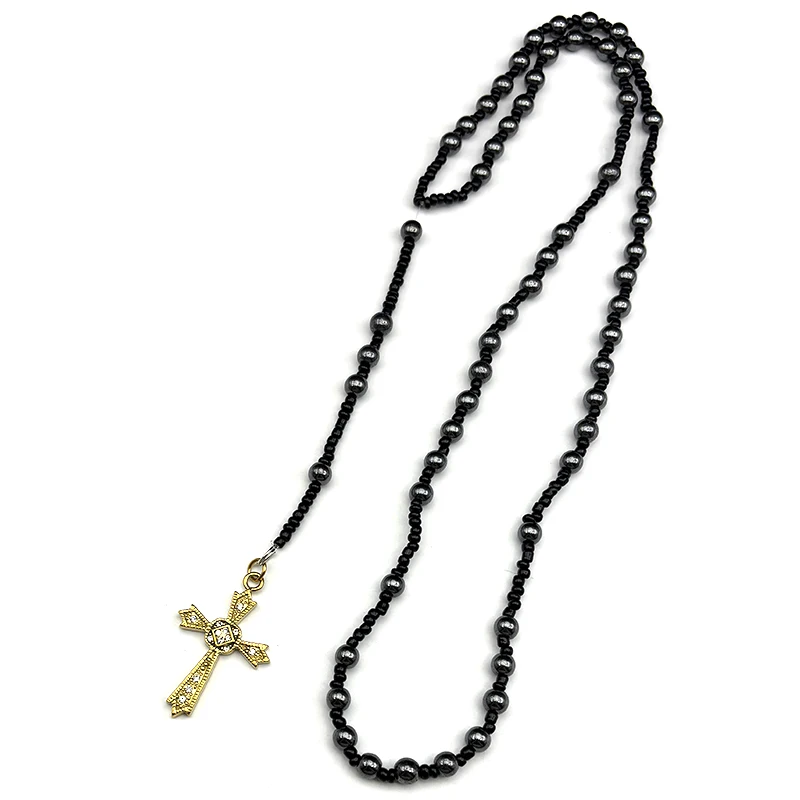 

Fashion Crystal Cross Pendant Necklace for Men Women Stainless Steel Gold Color Black Rosary Beaded Long chain Jewelry Gift