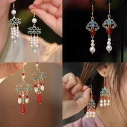 2024 Luxury New Ancient Style Women's Hanfu EarringsTang Dynasty Burnt Blue Butterfly Pearl Dangle Earrings Wedding Jewelry Gift