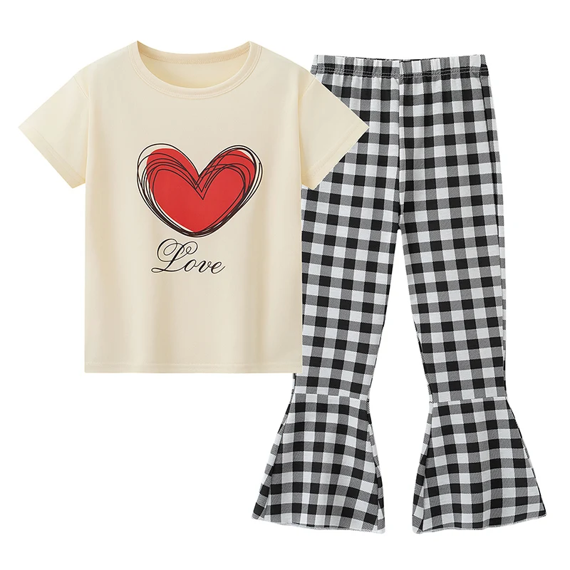 

2/6-piece summer new children's love short sleeved checkered flared pants set, girls' fashionable versatile T-shirt casual pants