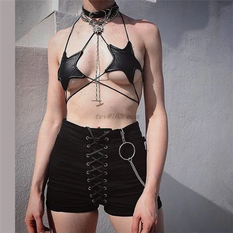 Womens Sexy Glitter Reflective Five-Pointed Star Bra Strappy Bandage Halter Top Bralette Nightout Clubwear Metallic Bustier Part