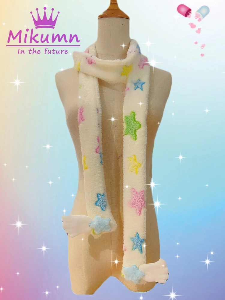 Mikumn Original Harajuku Cute Colorful Star Long Narrow Warm Scarf Y2k Aesthetic Kawaii Star Angel Wings Soft Plush Scarves