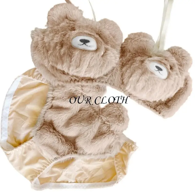 

Женский плюшевый бюстгальтер и трусики в стиле аниме, комплект из 2 шт., пушистое нижнее белье с милым медвежьим узором, нижнего