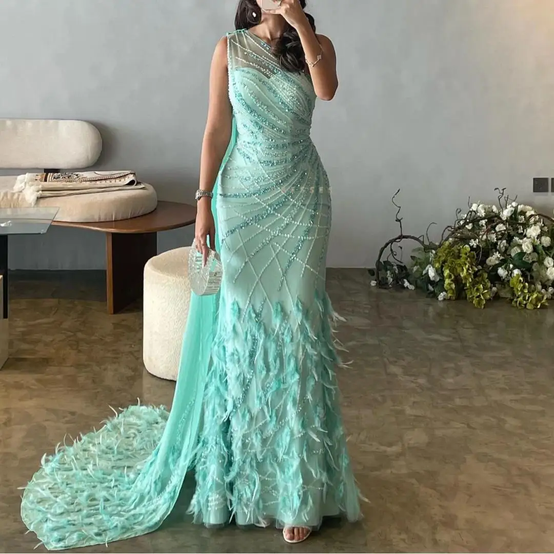 Customized Luxury Women Formal Evening Dresses One Shoulder Beads Feather Prom Party Dress With Train Pageant Runway Clubwear