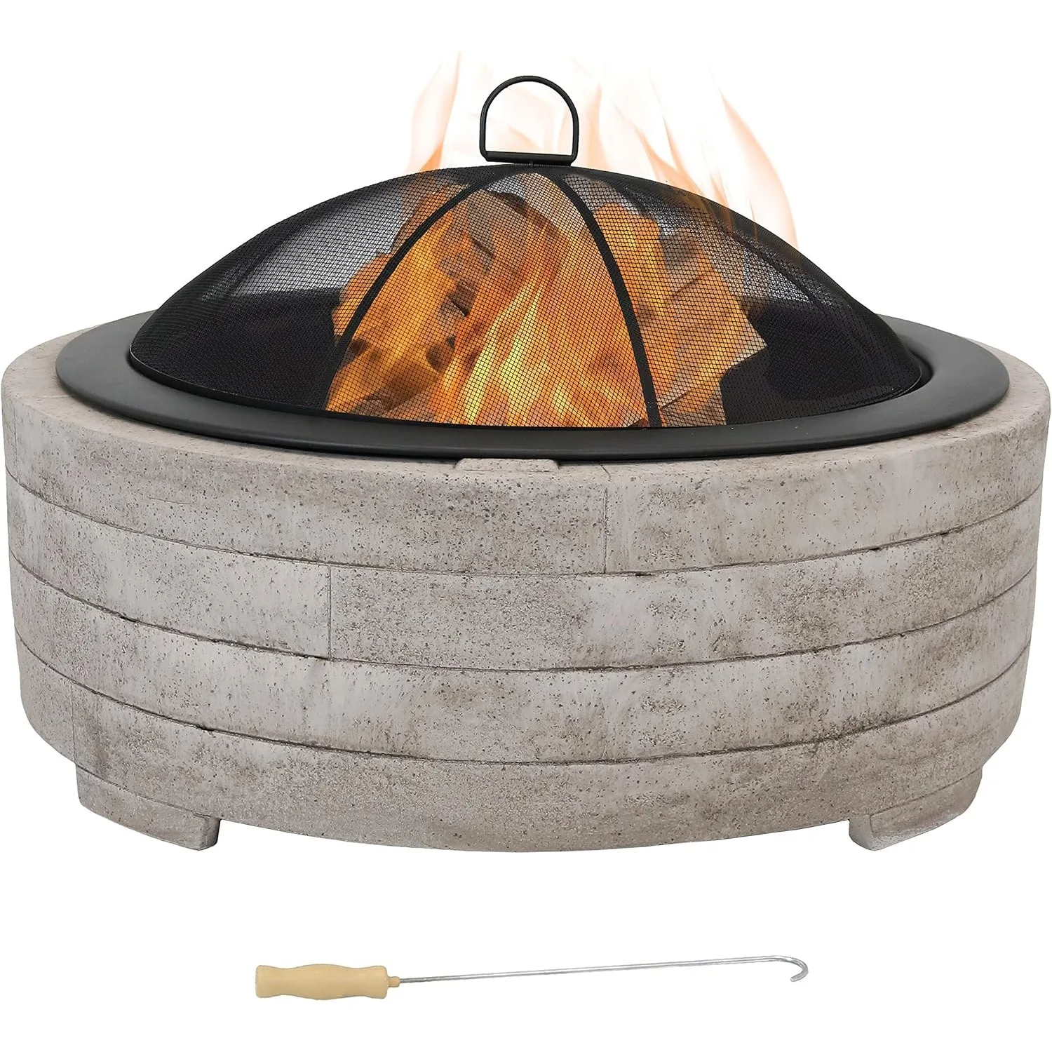 

35-Inch Faux Stone Fire Pit Bowl with Handles - Includes Spark Screen - Wood Burning