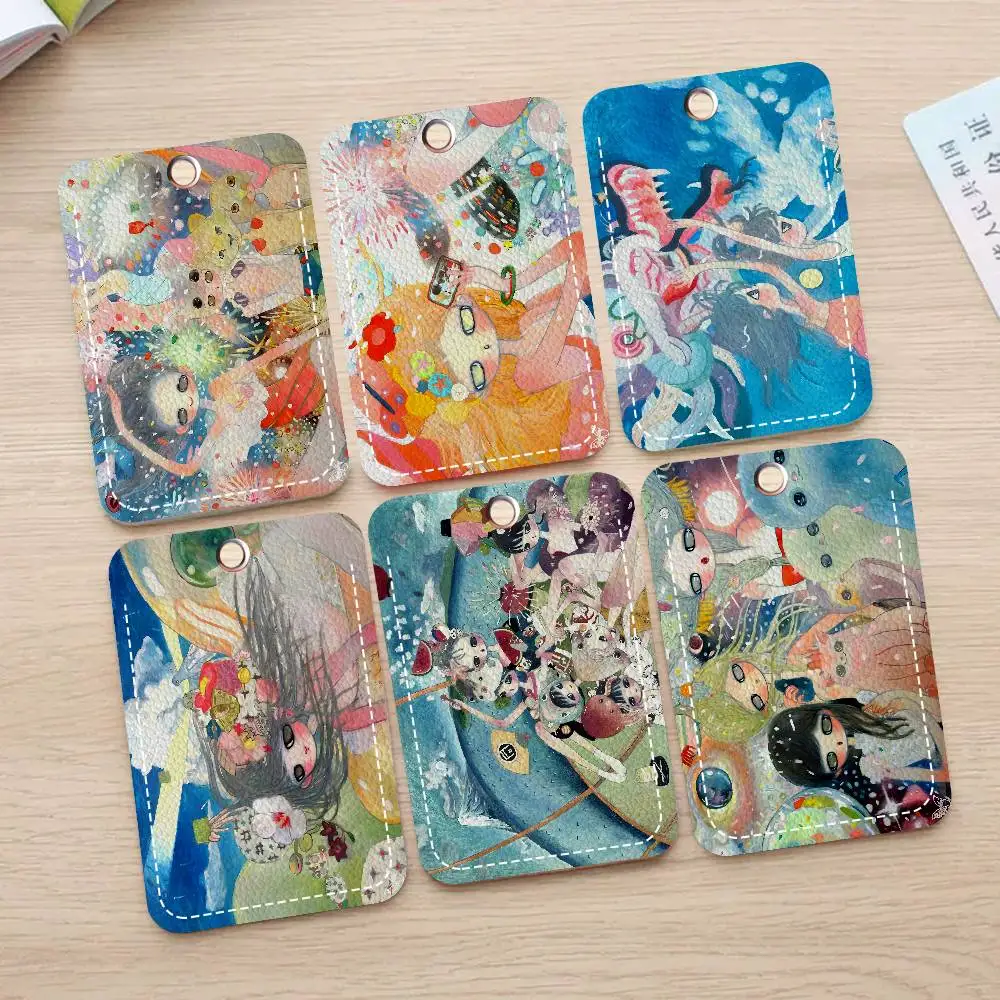 A-Aya T-Takano Art Anime Rectangle ID Card Case Keychain Access Card Bag Key Tag Ring Leather Card Holder Key Ring Access