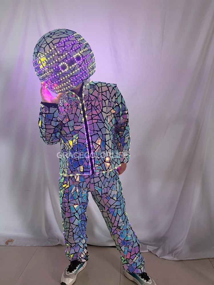 Men's LED Helmet Jacket Set Glowing Rave Wear Disco Costume Cyberpunk Halloween Party Outfit Nightclub Performance Light-Up Suit