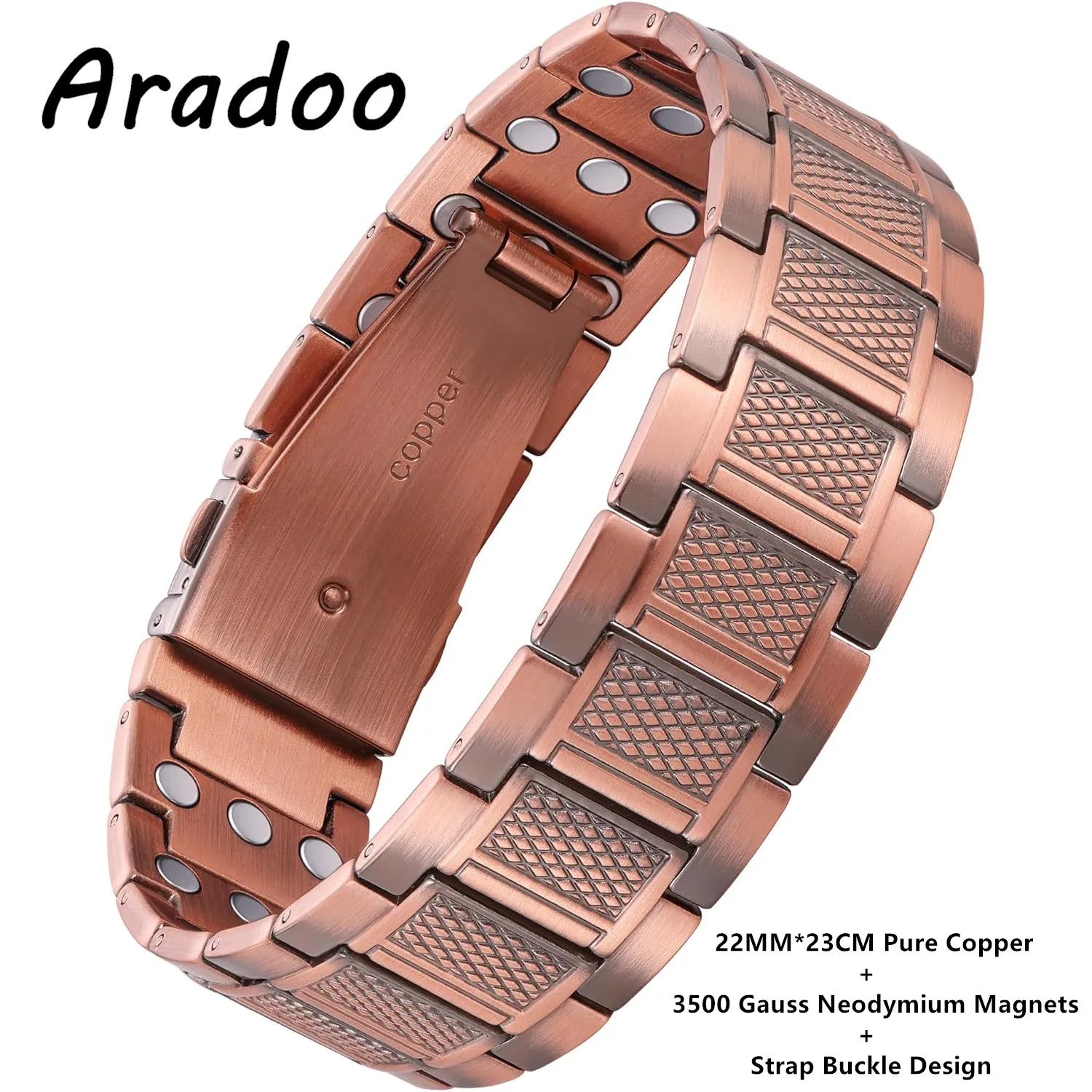 ARADOO Premium Copper Bracelet for Men with Grid Pattern Design Magnetic Wristband Jewelry Gifts