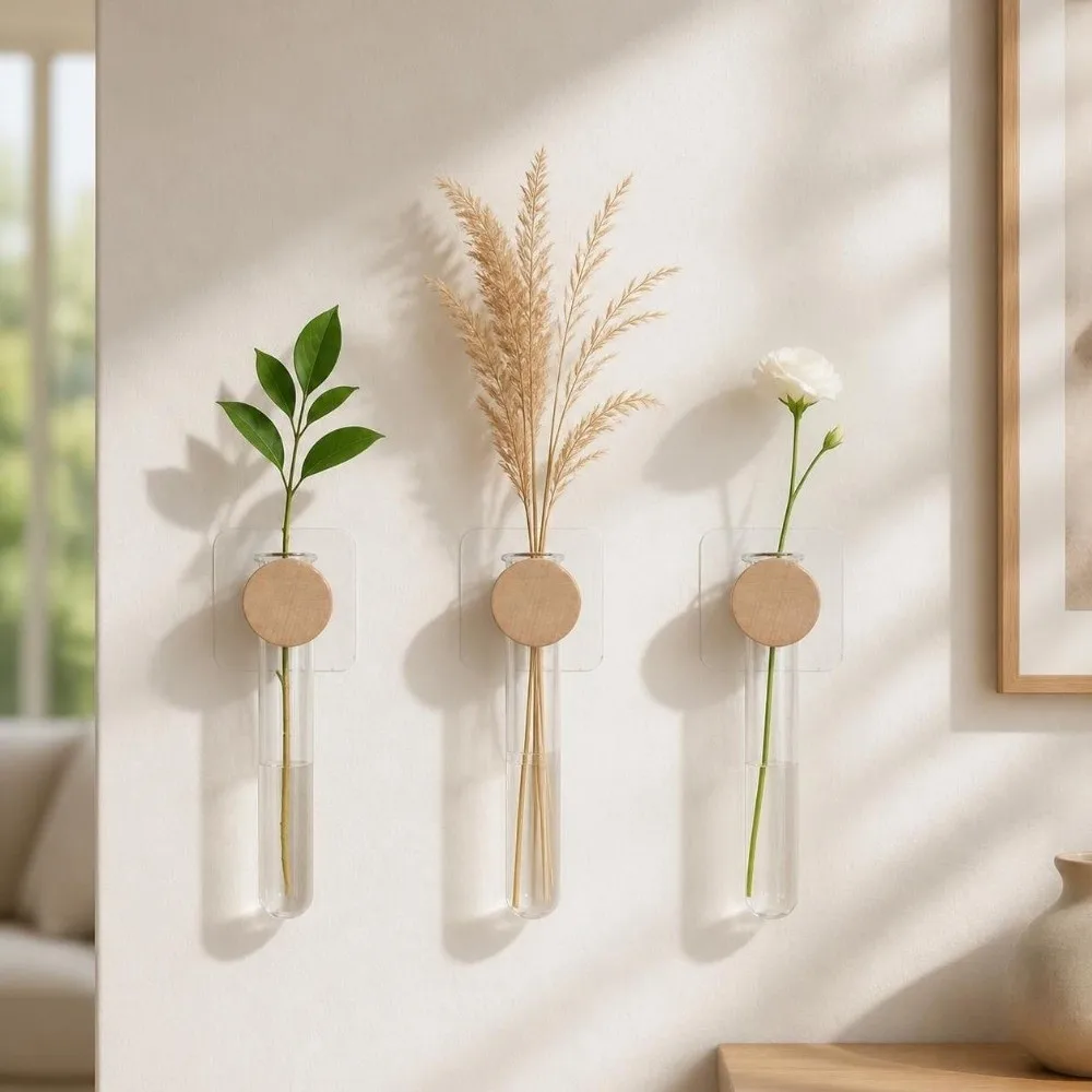 Flower Holder Wooden Hydroponic Planter Shelf Vase Home Ornaments Wall Decoration Retro Geometric Flower Pot Living Room