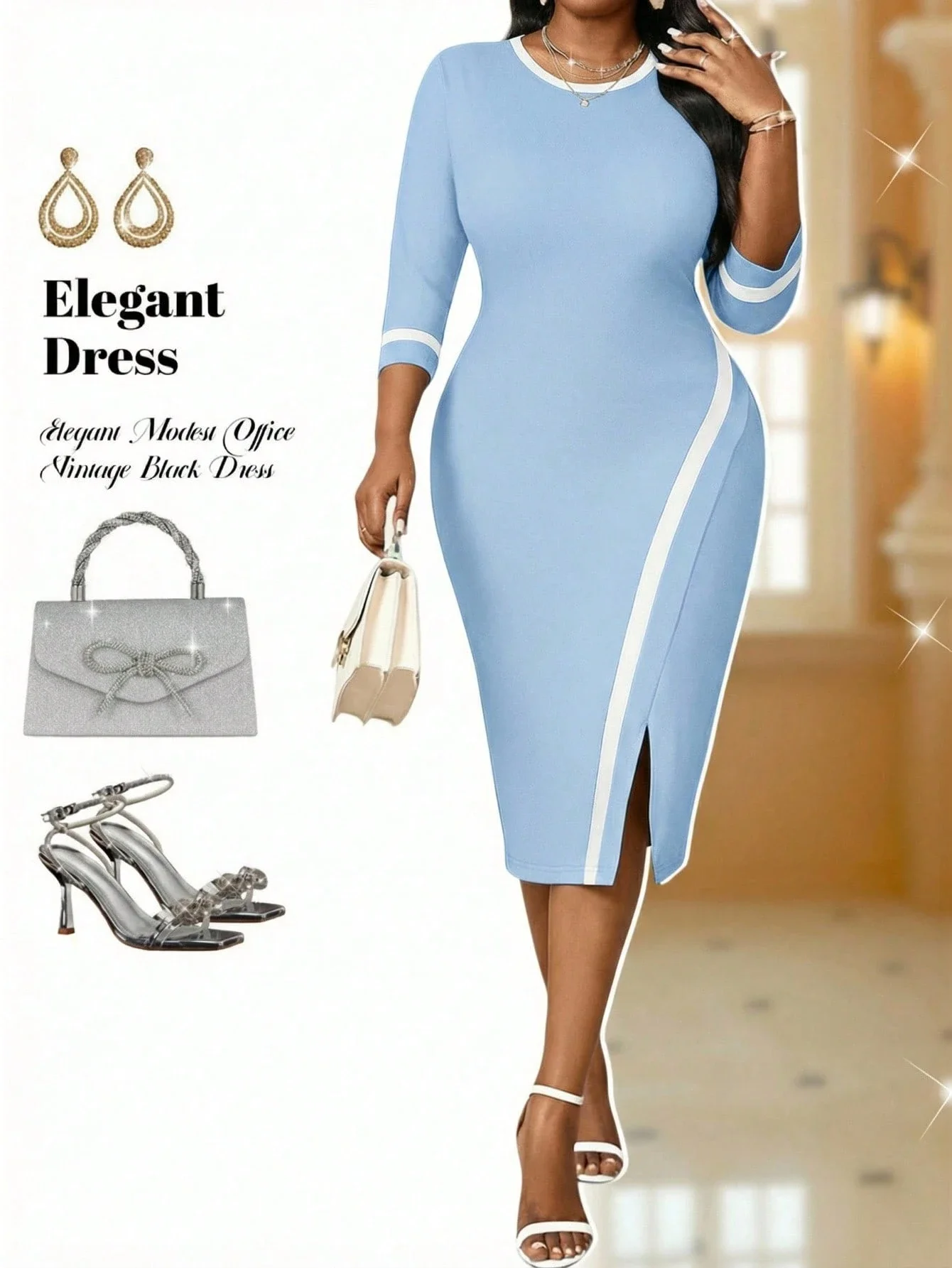 

Элегантное офисное платье-футляр миди светло-голубого цвета с контрастной окантовкой