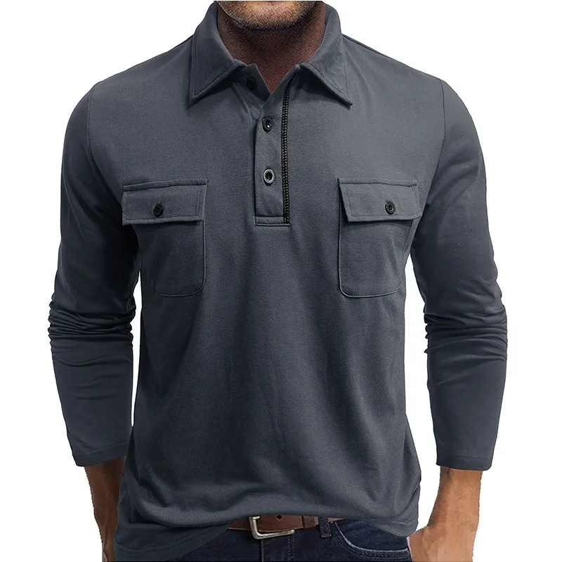 

Men's Long Sleeve Pocket Lapel Autumn and Winter POLO Shirt Outdoor Casual Polo Clothes Men's Top Tee