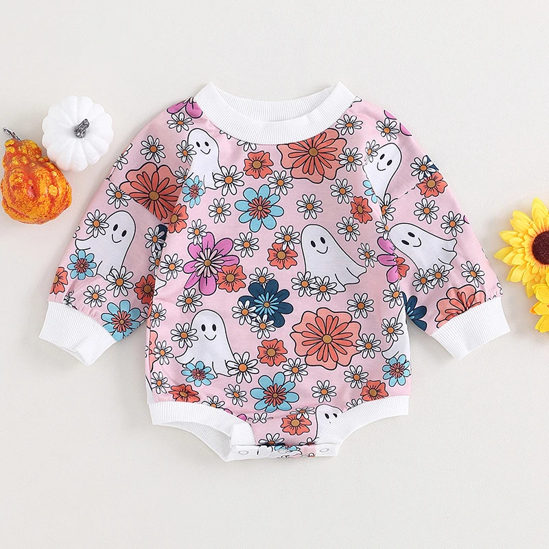 

Baby Girls Sweatshirts Rompers Halloween Clothes Flower Ghost Print Long Sleeve Infant Jumpsuits Fall Bodysuits