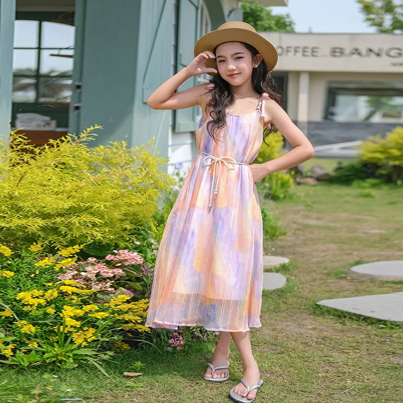 Girls Summer Dress 2024 New Western Style Skirt Big Children Summer Halter Princess Dress Girls Advanced Feeling Gauze Skirt