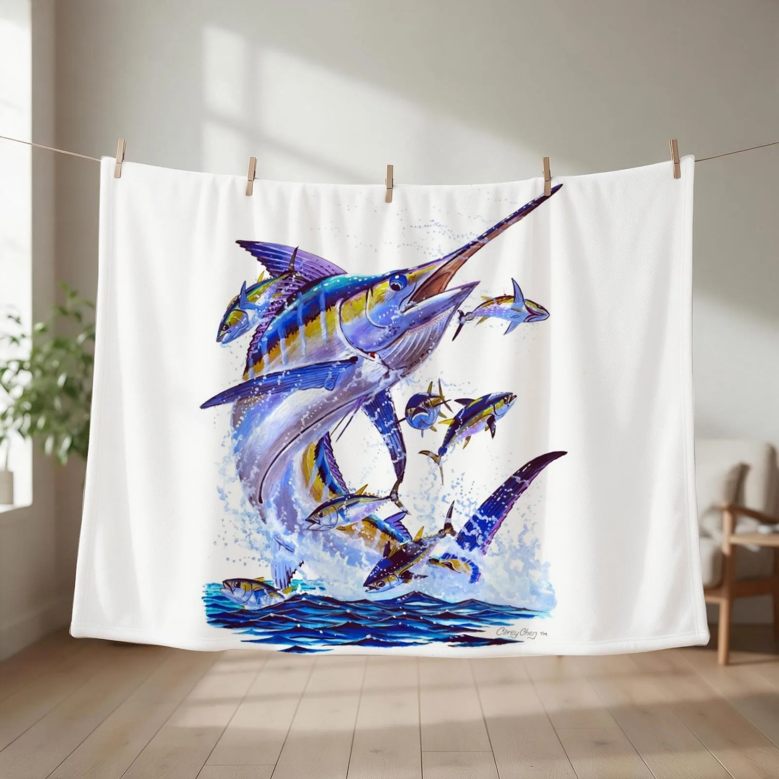 blue marlin and tunas Throw Blanket couch cozy soft plush fuzzy picnic outdoor blanket