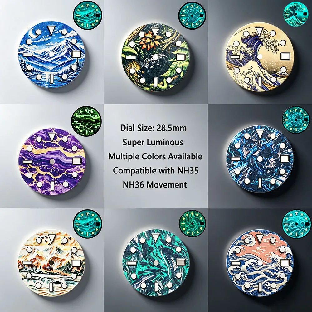 MechJazz Multiple Options 28.5mm UV Printed Watch Dial, Super Luminous, Fits NH35, NH36 Movement, Watch Modification Parts
