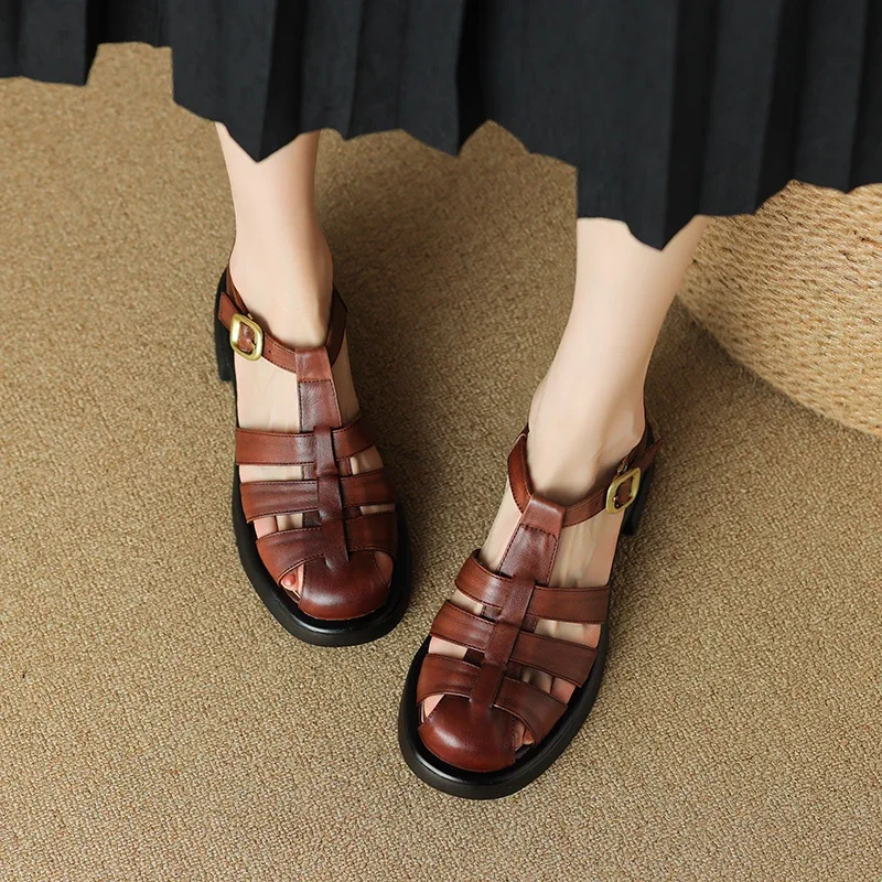 New Summer Sandals Genuine Leather Luxury Roman Sandals Casual Buckle Strap Summer Shoes GLADIATOR Thick Heel Women Shoes