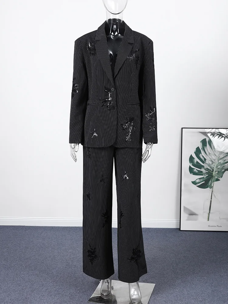 

Sequin Blazer Coat Pants Set Women Black Long Sleeve Single Breasted Pockets Coats Wide Leg Pant Female Suit 2026 Spring