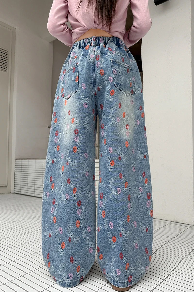 Mädchen-Jeans Frühling Herbst 2026 Orange Jacquard Weites Bein Jeans Hohe Taille Elastischer Bund Lässige Bequeme Kinderhose – Detail 4