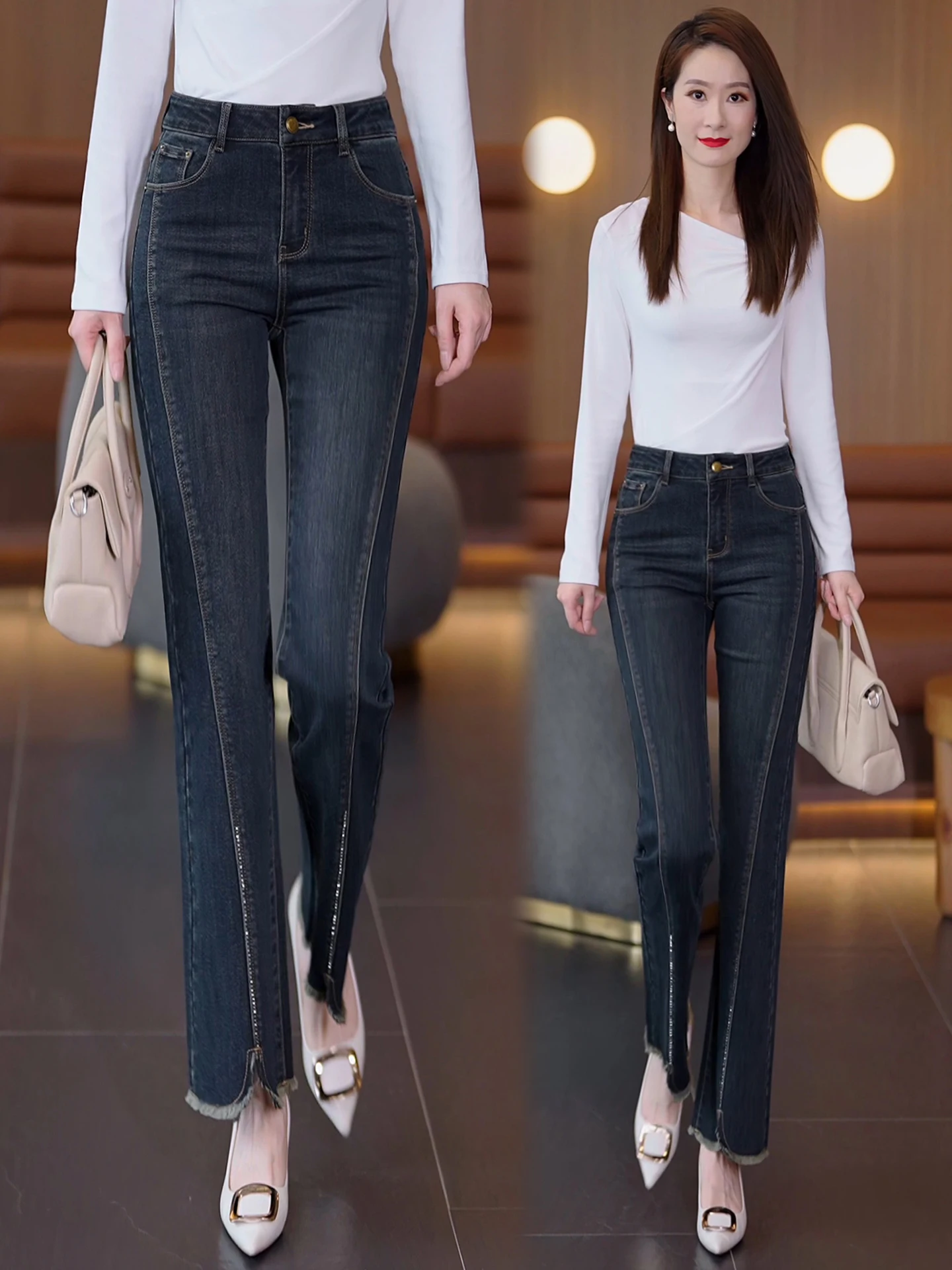 

High Waist Slim Fit Micro Flared Jeans Women's Spring Autumn New Style 2026 High Waist Bootcut Pants Open Slit Denim Skinnies