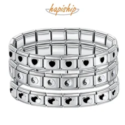 Hapiship 2024 New Women's 9mm Itanlian Elastic Eyes Tai Ji Heart Charms Fashion Stainless Steel Bracelet Jewelry Gift ST-XIN