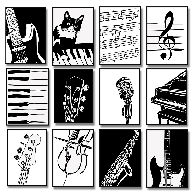 Black and White Piano Keys Note Violin Guitar with Cute Cat Canvas Painting Prints Music Poster for Living Room Home Decor